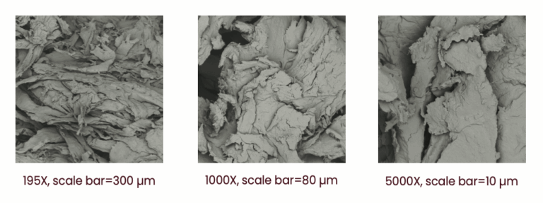 Scanning electron micrographs of VelvetDBF fibers at 195X, 1000X, and 5000X magnification with scale bars